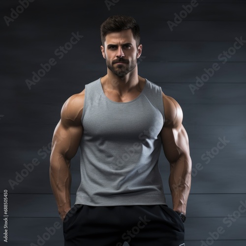 Handsome muscular man in fitness outfit over gray background with copy space, banner