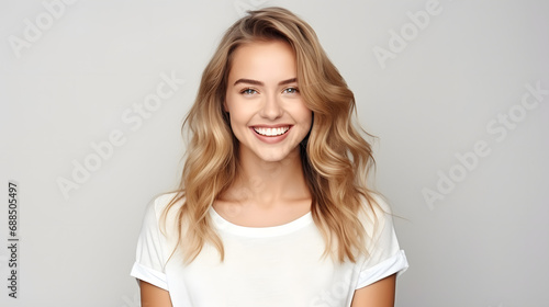 Pretty smiling joyfully female with fair hair, dressed casually, looking with satisfaction at camera, being happy. Studio shot of good-looking beautiful woman isolated against blank st. generative ai.