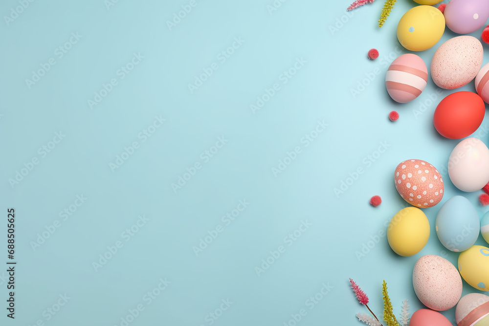 Colorful Handmade Easter Eggs Side Border on Pastel Blue Paper Background - Festive Spring Arrangement - Created with Generative AI Tools