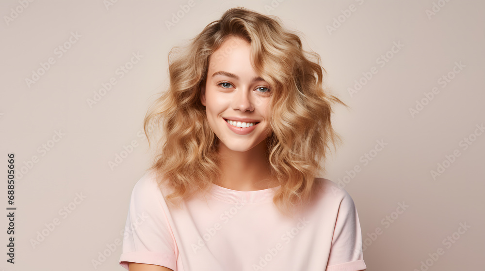 Pretty smiling joyfully female with fair hair, dressed casually, looking with satisfaction at camera, being happy. Studio shot of good-looking beautiful woman isolated against blank st. generative ai. Pretty smiling joyfully female with fair hair, dressed casually, looking with satisfaction at camera, being happy. Studio shot of good-looking beautiful woman isolated against blank st. generative ai.