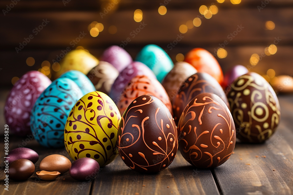 Chocolate Easter Eggs on Colorful Wooden Background - Sweet Holiday Delights - Created with Generative AI Tools Chocolate Easter Eggs on Colorful Wooden Background - Sweet Holiday Delights - Created with Generative AI Tools