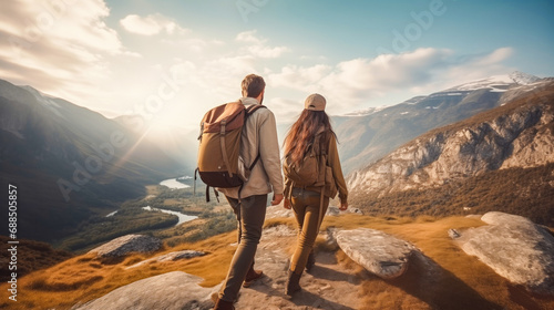 A family couple or friends hiking together in the mountains in the vacation trip weekend. Enjoying walking in the beautiful nature landscape. Trekking, tourism, active lifestyle. Back view