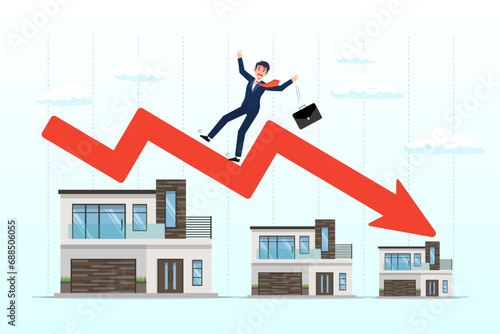 Businessman investor home owner falling on decline falling down housing graph, housing price falling down, real estate and property crash, value drop or decline, home loan or mortgage risk (Vector)