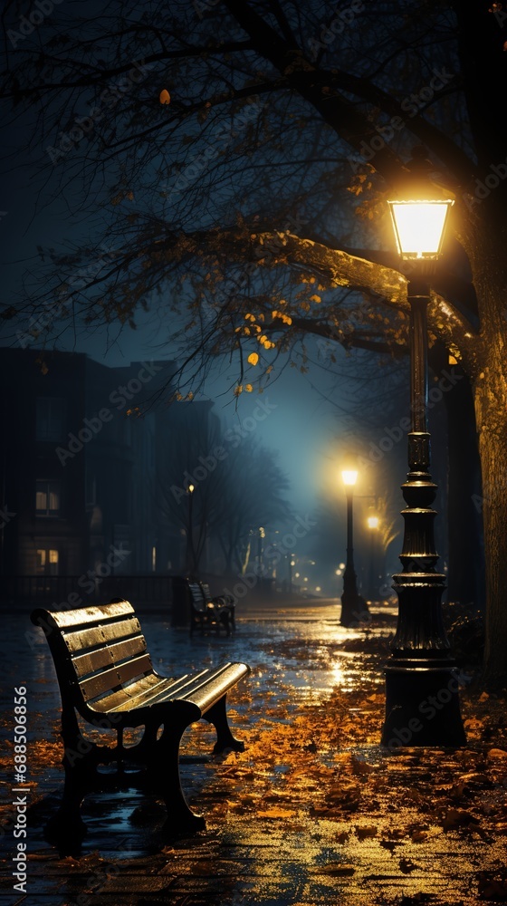 Street light on empty city park Bench in Rainy Night
