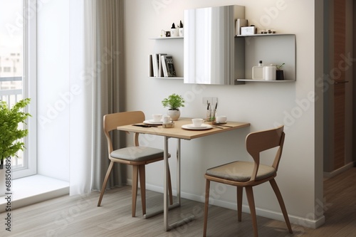 A compact dining area with a wall-mounted table  foldable chairs  and a mirror  maximizing space and creating a functional yet stylish setting