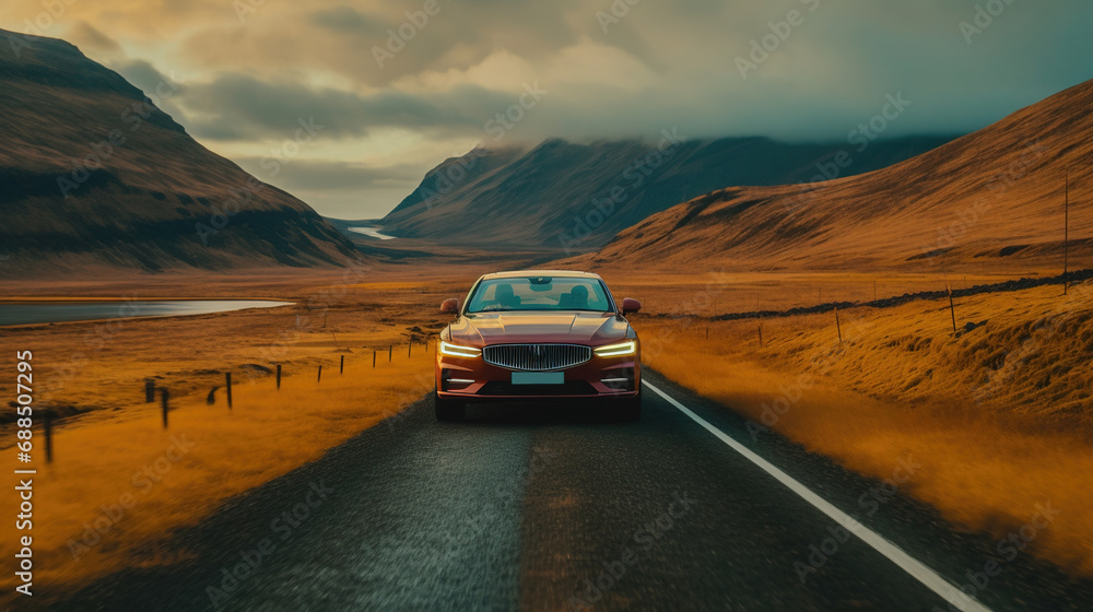 A Modern Luxury Car Left Running in Iceland Blurry Background A Modern Luxury Car Left Running in Iceland Blurry Background