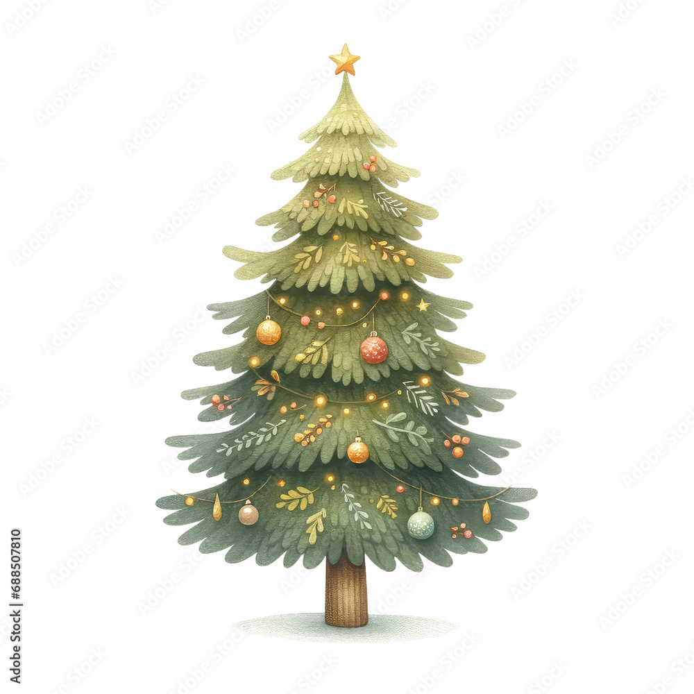 Fototapeta premium Watercolor christmas ornaments clipart. Winter couple gnome illustration. Christmas tree, gnome, raindeer, gift box, bell