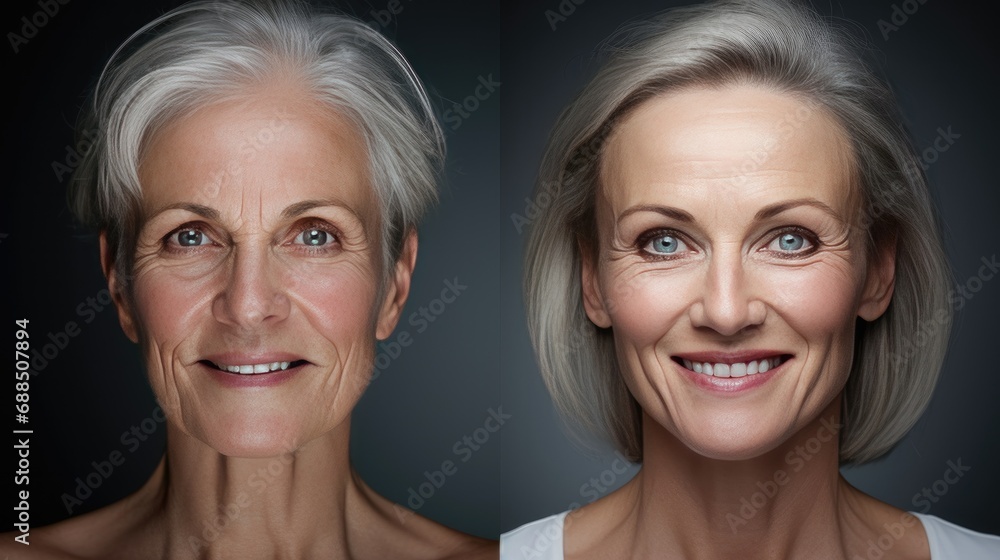 Before and after concept of aging with mature woman's portrait. Aging and skincare.