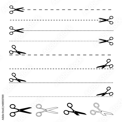 Silhouette Scissors cutting dotted lines icon on white background.