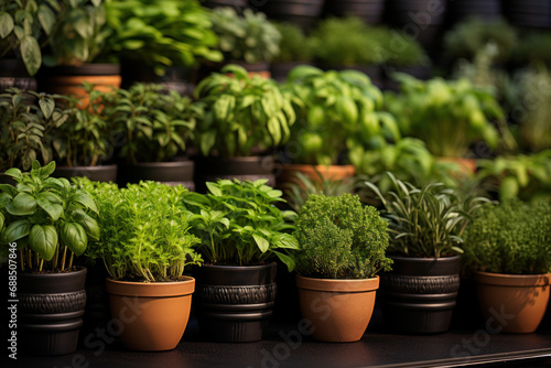 Rows of potted herbs and aromatic plants, contributing to the idea of healthy and flavorful cooking. Generative Ai.
