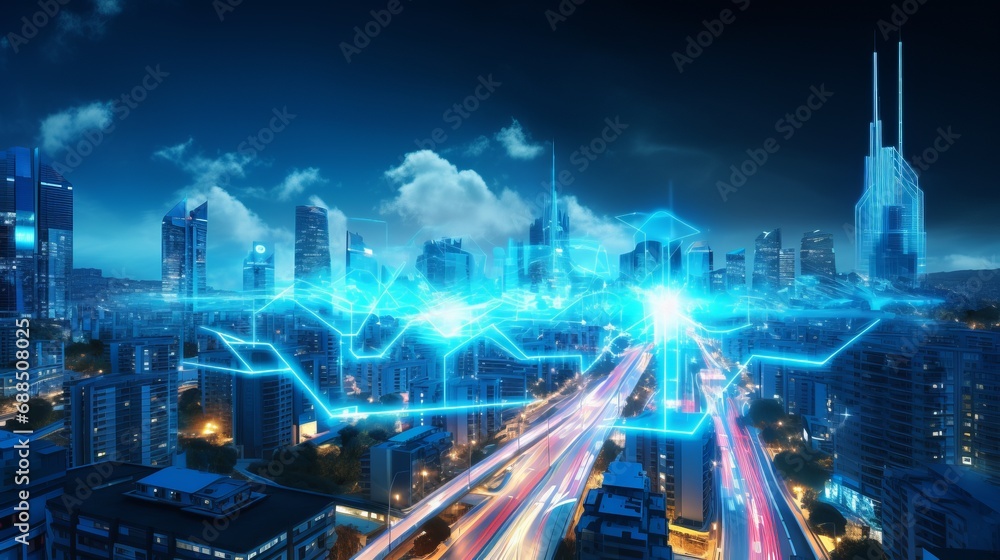 Fototapeta premium Hologram of 5g internet over a night city.