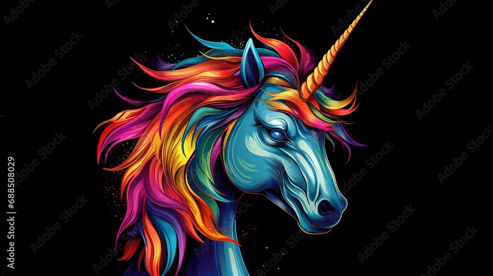 Magical unicorn with multi-colored mane on a black background