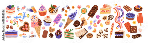 Confectionery set. Cute desserts: candies, icecream, cookies. Sweet lollipops, slices of cake, chocolate, marshmallow, marmalade worms. Flat isolated hand drawn vector illustration on white background photo