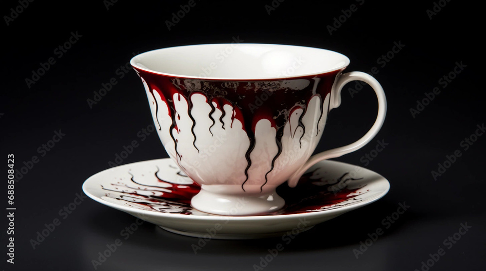 A Bloody White Teacup Atop a Saucer on a Black Background