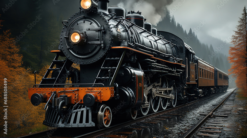 Naklejka premium The Massive Steam Locomotive Belches Smoke And Steam As It Chugs Down The Tracks Its Steel Wheels Screeching Against The Rails Background