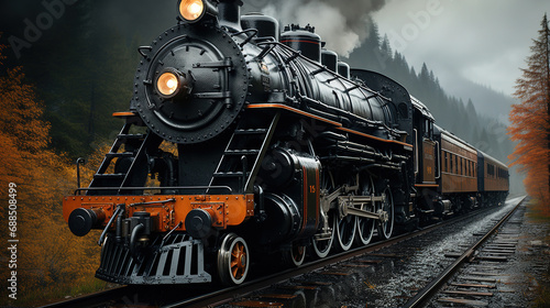 The Massive Steam Locomotive Belches Smoke And Steam As It Chugs Down The Tracks Its Steel Wheels Screeching Against The Rails Background