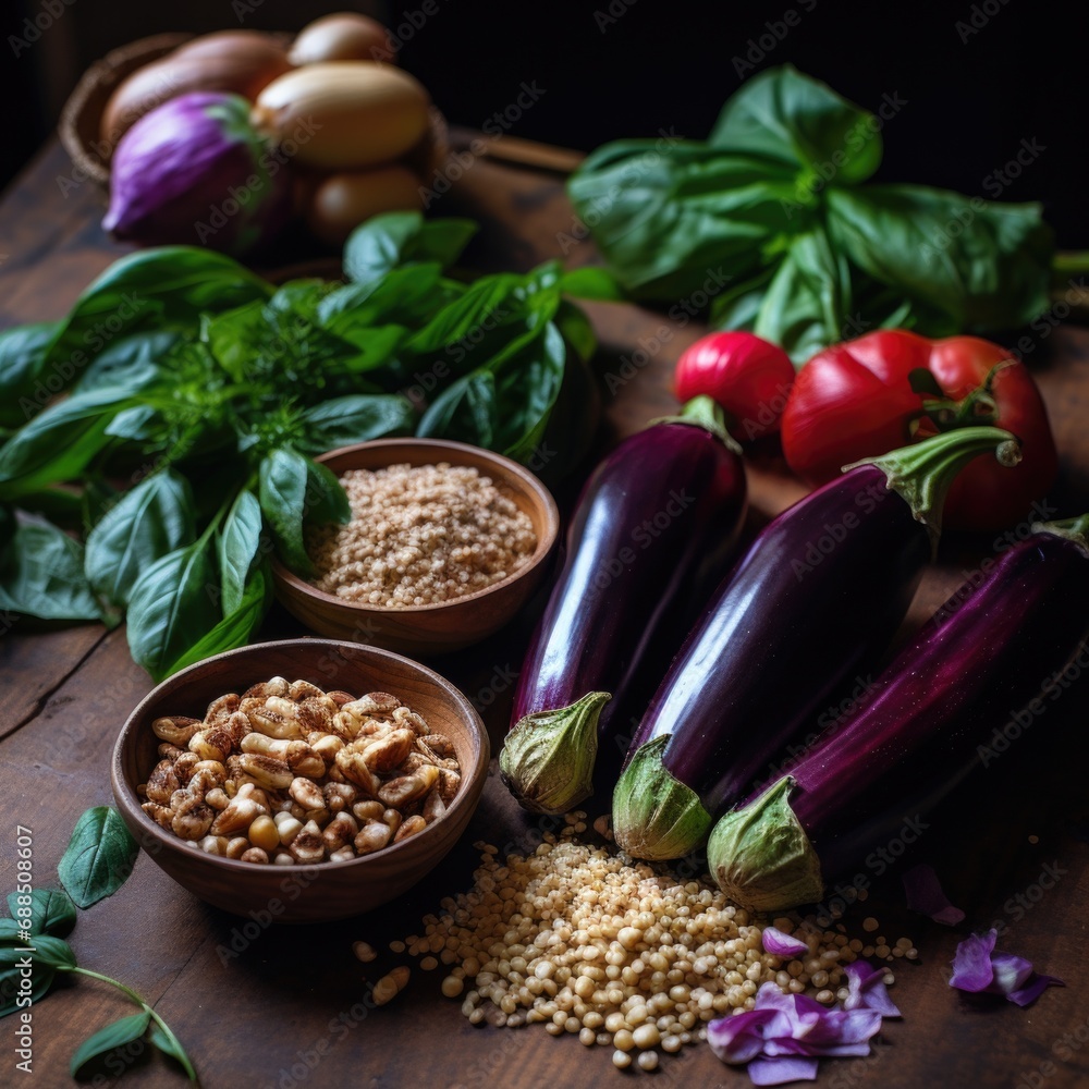 Eggplant, basil, and other ingredients on a table. Generative AI. Eggplant, basil, and other ingredients on a table. Generative AI.