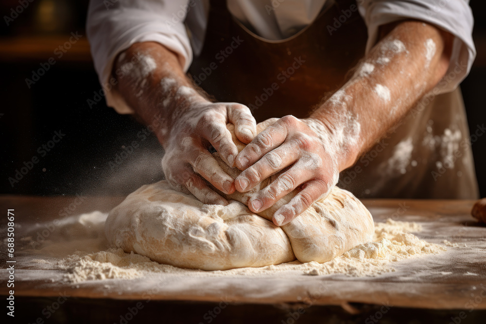 A baker's hands forming dough using flour from a sack, showing the artistry of bread-making. Generative Ai.