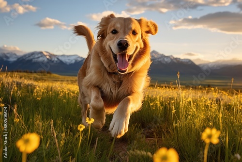 Golden retriever running in field with mountains in background. Generative AI.