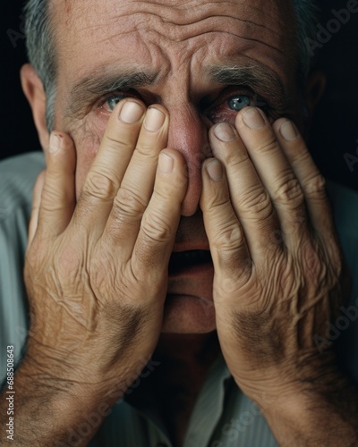 An older man covering his eyes with his hands. Generative AI.