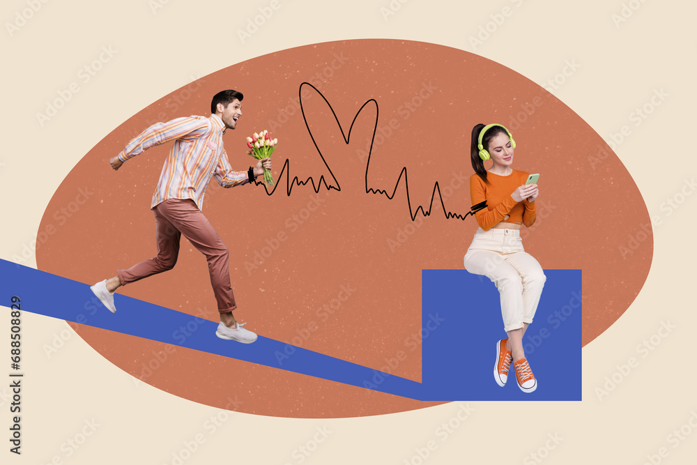 Φωτογραφία Horizontal creative photo collage beautiful girl woman wait fot run man guy to g