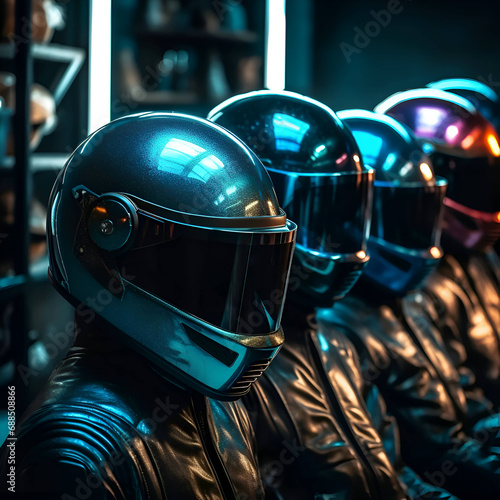 Close-up of a group of futuristic avatars with helmets. 3d rendering photo