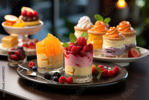 A fruit-themed dessert buffet with an array of treats like mango sorbet, berry tarts, and citrus-infused cakes. Concept of indulgence with a fruity twist. Generative Ai.