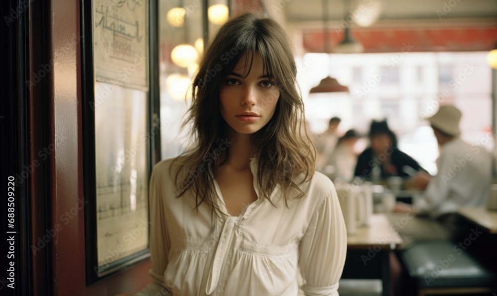 Obraz premium A woman in a white shirt standing in a restaurant. Generative AI.