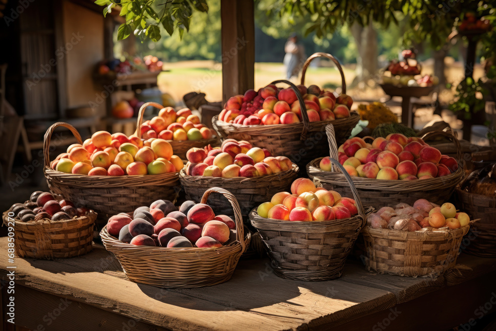 A market scene with baskets of seasonal fruits like plums, peaches, and nectarines, encouraging consumers to embrace variety in their fruit choices. Generative Ai.