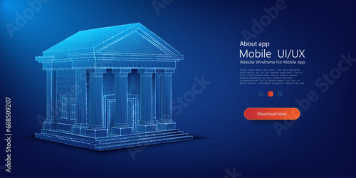 Futuristic Digital Wireframe of Classic Greek Architecture on a Dark Background. Bank low poly wireframe.  Finance and investment. Vector illustration
