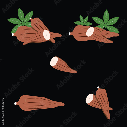 Hand drawn illustration of cassava root (Manihot esculenta, also known as manioc) and leaves, isolated on white background, as a banner, poster or national tapioca day template.