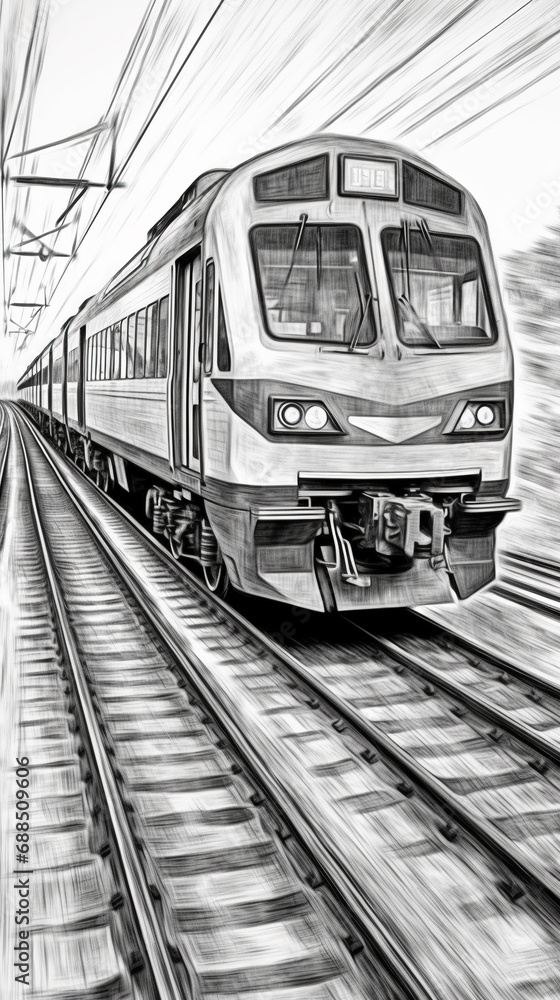 Train Circulating on a Track Black and White Sketch Background