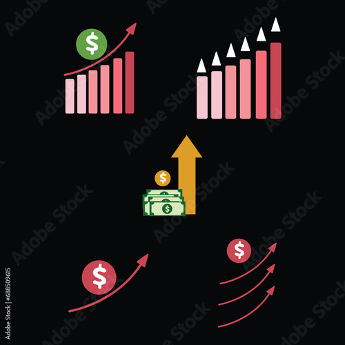 Vector illustration of dollar rate increase icon. Money symbol with stretching arrow up. Increase profit  salary  income  cost  price  economy and revenue. Icon for business concept.