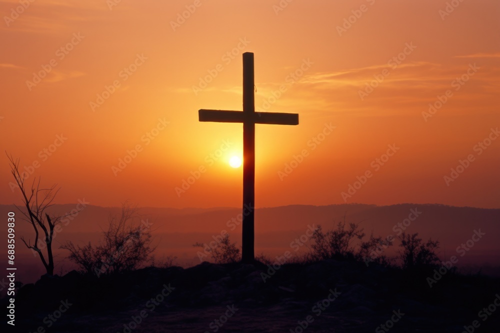 A cross is silhouetted against a sunset. Generative AI.