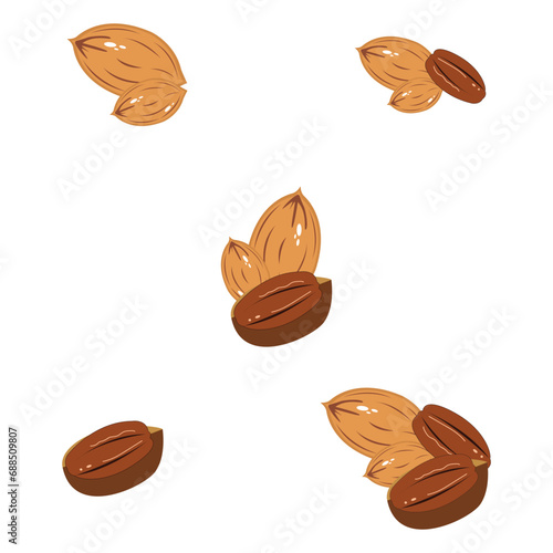 Hand drawn Pecan. Delicious handful of peeled and whole pecans in cartoon style. Pecan icon. Healthy, organic snacks.