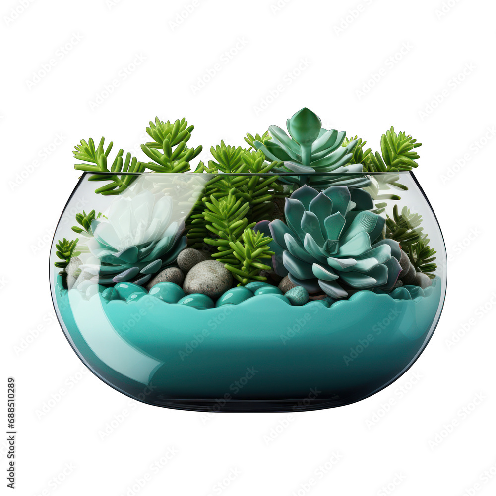 Fototapeta premium Cyan Pot with Sedum Plant Isolated on Transparent or White Background, PNG