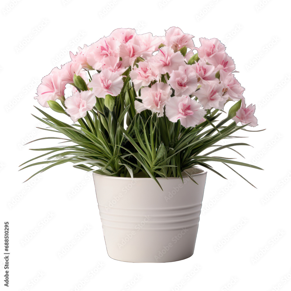 White Pot with Dianthus Plant Isolated on Transparent or White Background, PNG