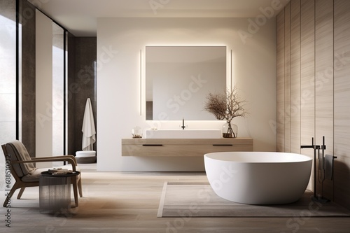 A contemporary bathroom with a freestanding bathtub  minimalist fixtures  and a large mirror  creating a luxurious spa-like retreat