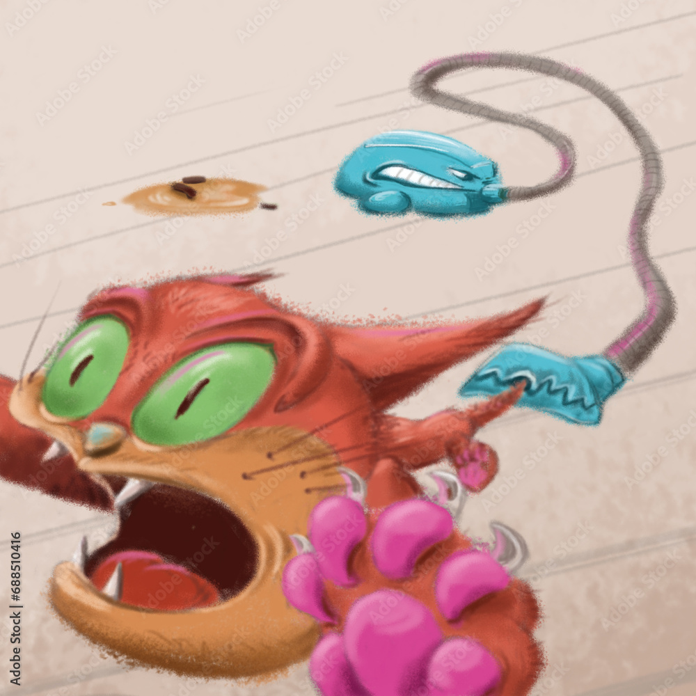 Funny illustration about a cat who went off on the floor. The vacuum