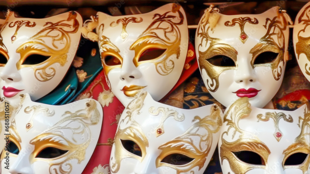 Sale of ornate Venetian masks, featuring rich gold accents and intricate designs, symbolizing the opulence and mystery of a masquerade ball