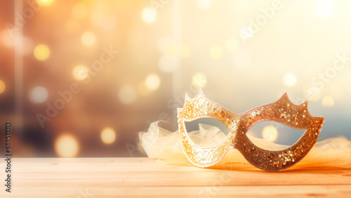 Golden mask with ornate carvings against glowing backdrop with bokeh effect, capturing essence of masquerade ball, theatrical performance or carnival, invoking sense of mystery and celebration