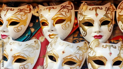 Sale of ornate Venetian masks, featuring rich gold accents and intricate designs, symbolizing the opulence and mystery of a masquerade ball