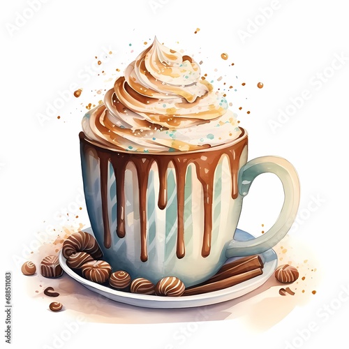 Watercolor illustration of a ceramic mug filled with hot chocolate. Topped with a generous swirl of whipped cream