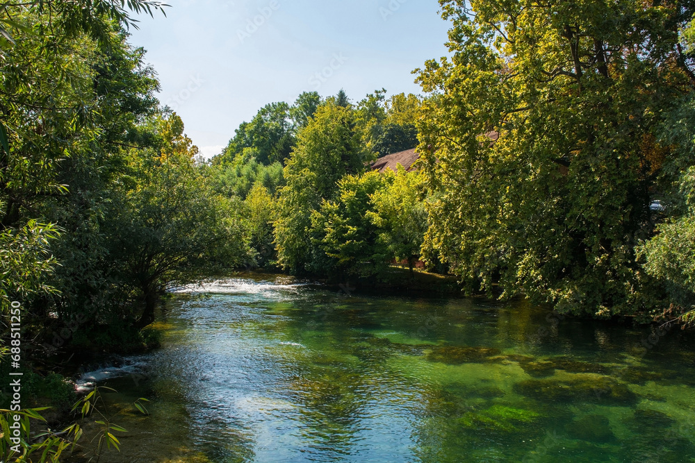 The River Una as it passes through central Bihac in Una-Sana Canton, Federation of Bosnia and Herzegovina