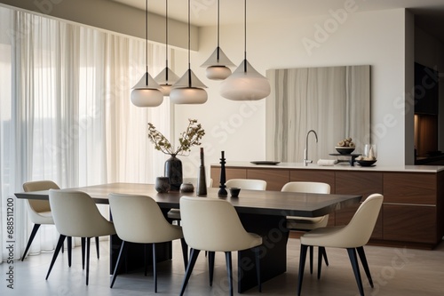 A contemporary dining room with a minimalist table, sculptural chairs, and a statement pendant light, creating a sophisticated and inviting ambiance