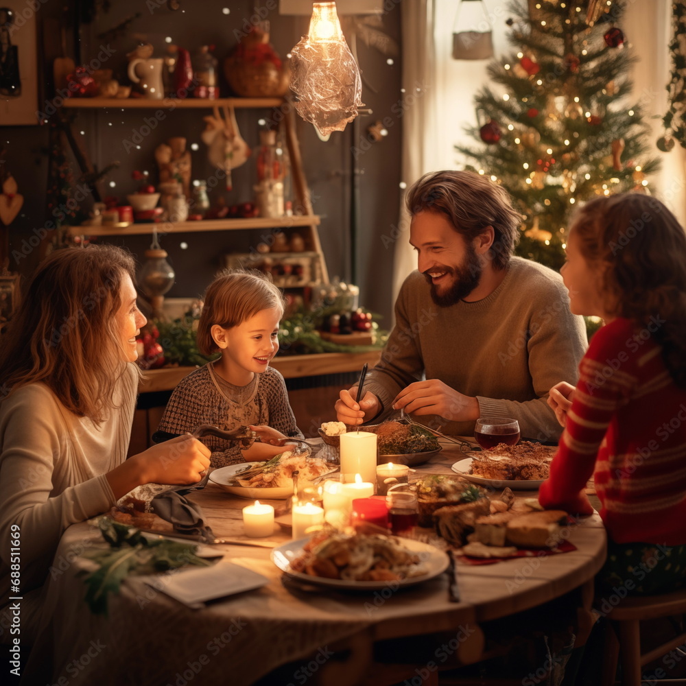 Happy family sitting at the table and decorated Christmas tree lights at home