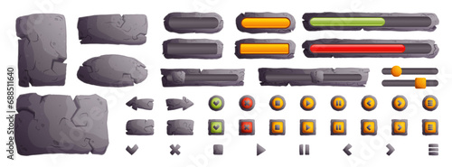 Stone buttons and boards for game UI, GUI elements isolated on white background. Vector cartoon set of gray stone banners, menu buttons and arrows for mobile game