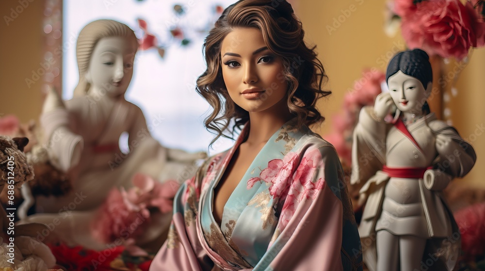 Woman in Kimono Standing in Front of Statues