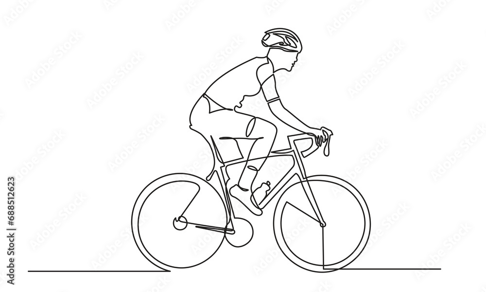 Continuous line drawing of athlete cycling with safety helmet. cycling with a Healthy lifestyle. single-line art of a classic bicycle isolated on a white background.
Continuous line drawing of athlete cycling with safety helmet. cycling with a Healthy lifestyle. single-line art of a classic bicycle isolated on a white background.