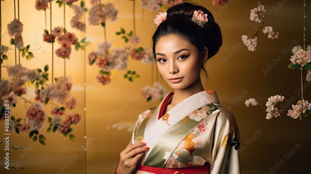 Woman in Kimono Standing in Front of Floral Wall Woman in Kimono Standing in Front of Floral Wall